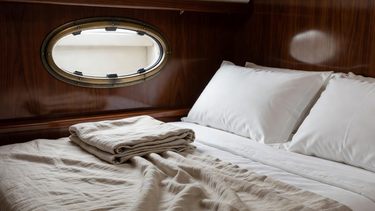 Folded oatmeal Belgian linen throw and crisp white percale pillows beneath an oval bronze opening portlight in a wood-panelled yacht cabin