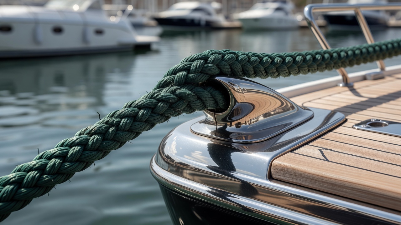 Close-up of a heavy dark green mooring hawser passing through a mirror-polished stainless steel fairlead on a yacht transom