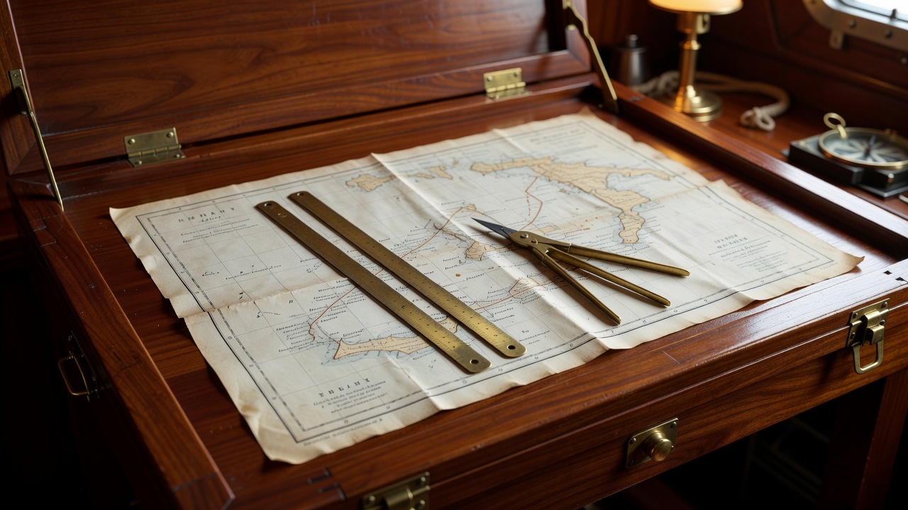 Brass dividers and parallel rules resting on a paper Admiralty chart of the Southern Ionian islands inside a mahogany chart table